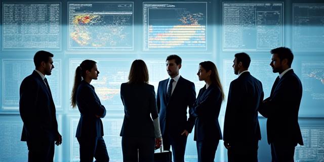 Logistics consultants analyzing data on digital tablets