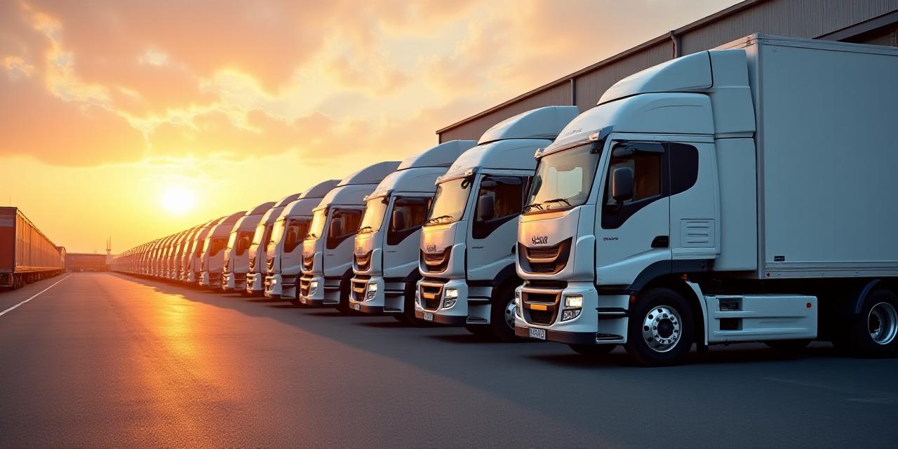 Modern logistics fleet at twilight ready for departure