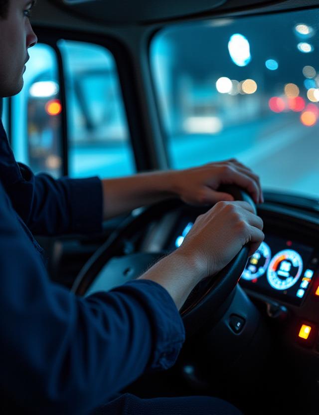 Focus on a high-tech truck dashboard and driver safety check
